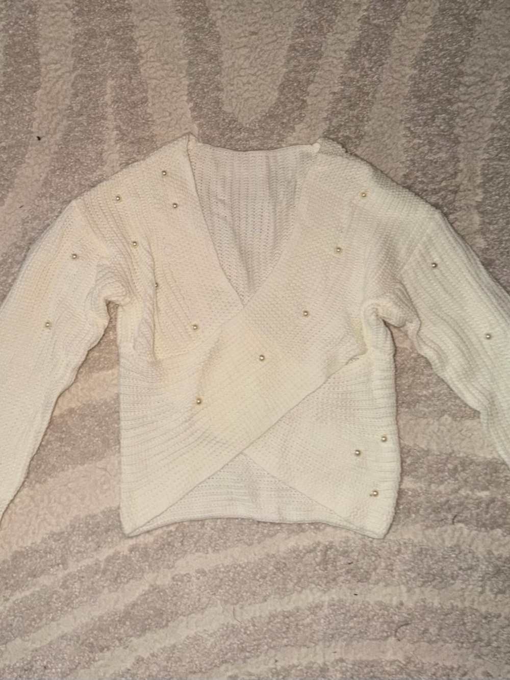 White Pearl Wrap Knit Sweater | Cross Front V-Neck | XS